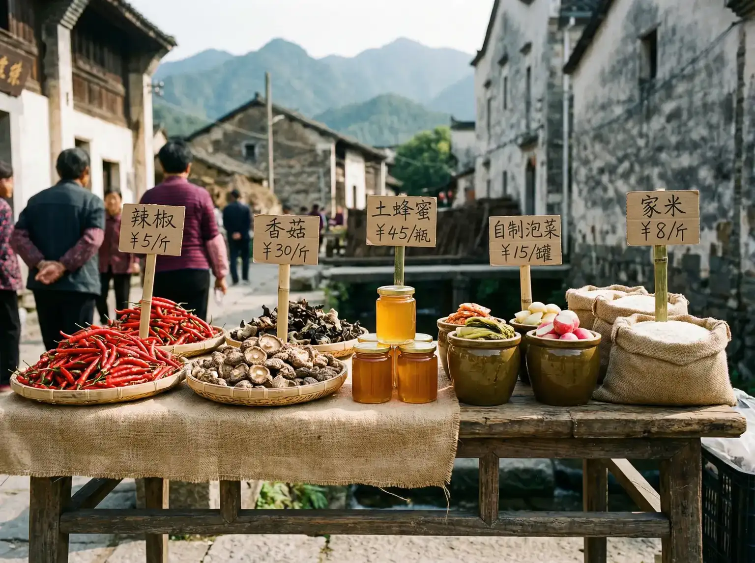 乡村集市上的辣椒香菇蜂蜜等土特产 - freepeople性欧美中国 农产品